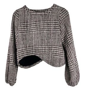 LINE + DOT Plaid Wool Tweed Crop Asymmetrical Balloon Sleeve Top Size Small